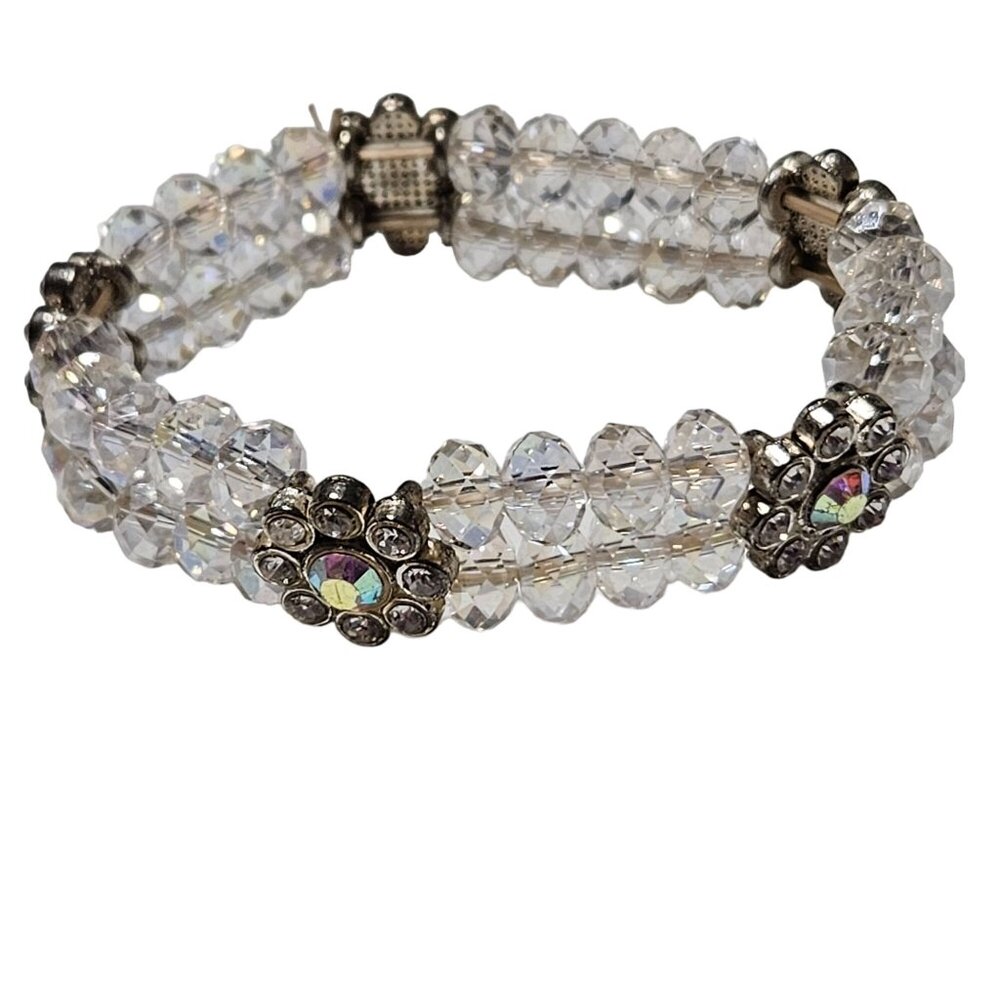 Elegant Vintage Beaded Stretch Bracelet Crystal Bead Rhinestone Flower Accents